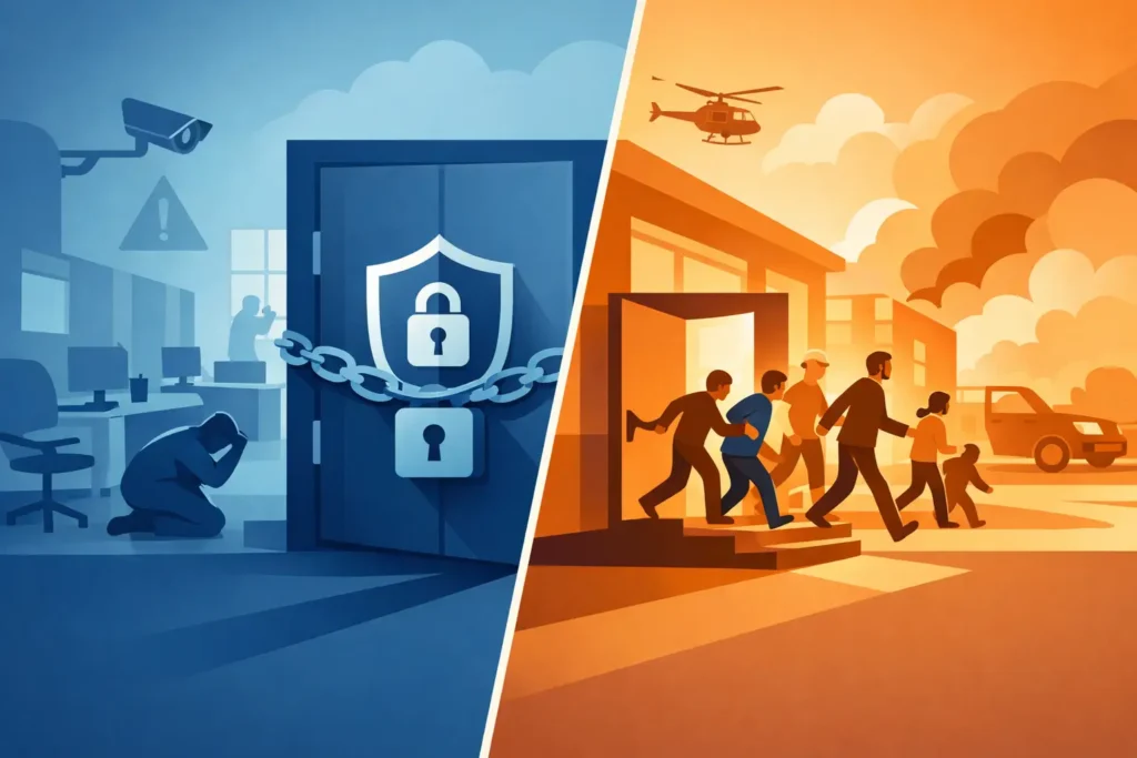 Lockdown vs Evacuation Planning for Safer Facilities